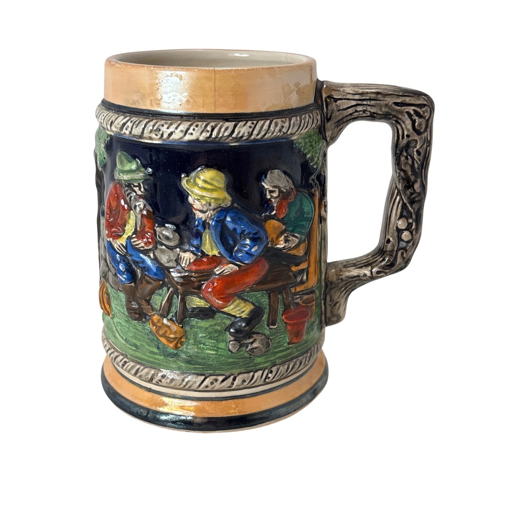 Vintage‎ Raised Relief Ceramic Beer Mug Stein Men Chatting Mill Rocky Mountains